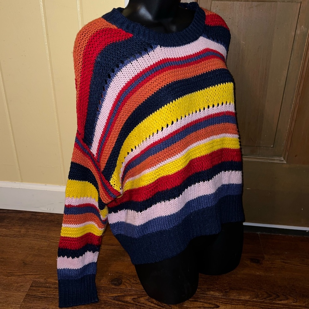 Angel Kiss Boho Red Colorful Oversized Acrylic Knit Y2K Crewneck Sweater Size L - Picture 4 of 9